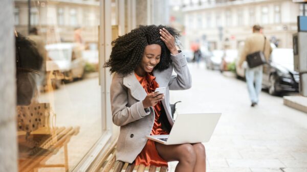 A picture of a woman following the fashion trend and dressed for work